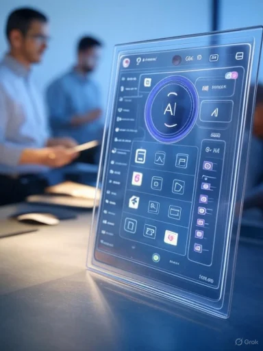 A transparent digital display showcases AI interface icons in a modern conference room setting.