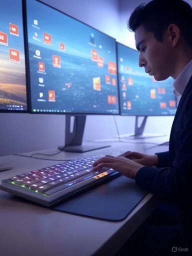 A person working on a keyboard with multiple computer screens displaying a desktop background and icons.