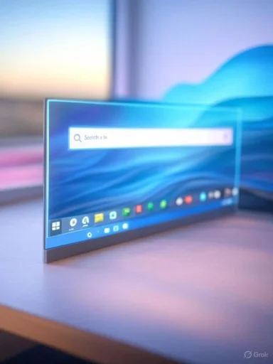 A foldable laptop or screen displays a colorful desktop with a search bar and app icons, illuminated against a soft background.