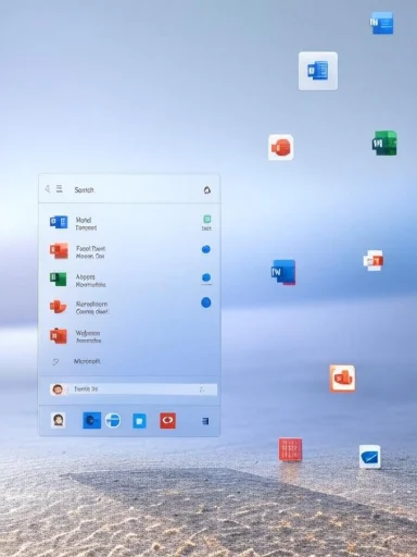 A computer desktop screen with a sidebar menu and scattered application icons floating above a textured surface.