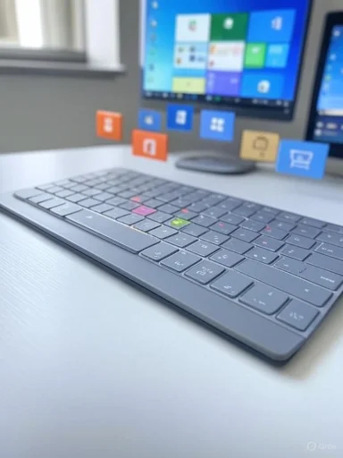 A modern keyboard in front of a computer monitor displaying a colorful Windows desktop.