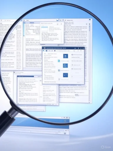 A computer screen showing multiple overlapping windows and a magnifying glass focusing on the display.