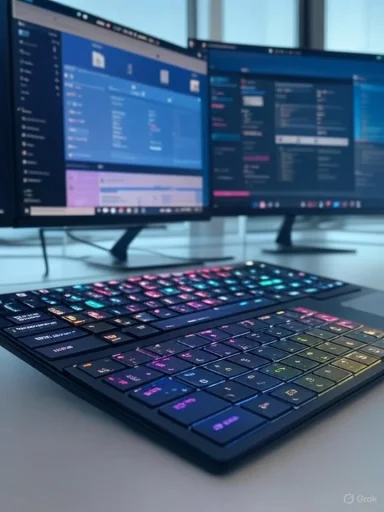 A dual-monitor setup with a backlit keyboard displaying colorful keys in a modern workspace.