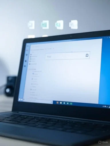 A laptop displaying an email client with a 'YAH' message, on a desk with blurred software icons in the background.