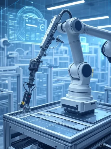An industrial robotic arm operates on a production line in a high-tech manufacturing facility. An industrial robotic arm operates on a production line in a high-tech manufacturing facility.
