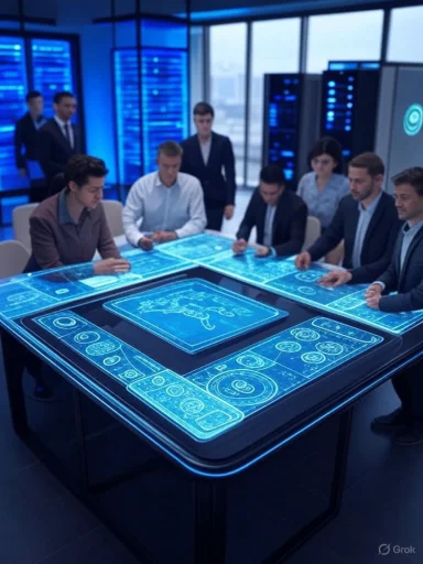 Businesspeople gather around a futuristic holographic table displaying digital blueprints and data in a high-tech office.