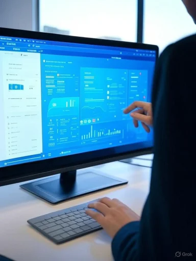 A person analyzes data and dashboards on a computer monitor displaying various charts and graphs.