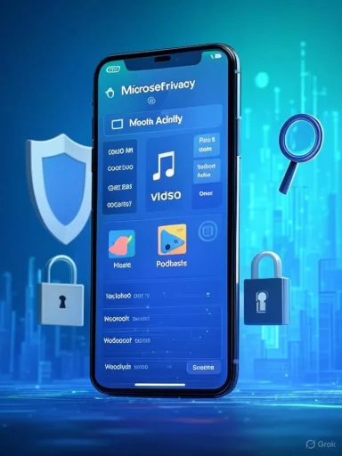 A smartphone displaying a privacy app interface with security icons, surrounded by digital padlocks and security graphics.