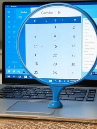 A laptop screen displaying a calendar viewed through a magnifying glass.