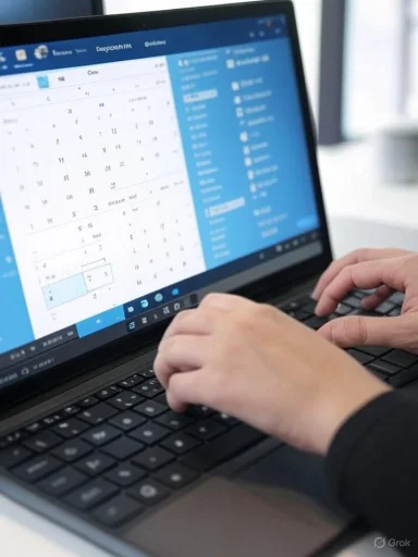 Person typing on a laptop with a calendar and email interface open on the screen.