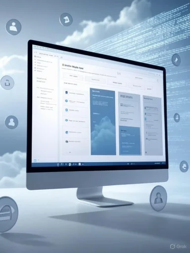 A computer screen displays a cloud-based digital workspace with data streams and user icons floating around it.