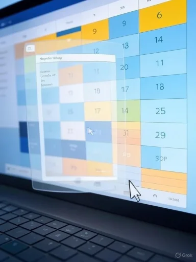 A computer screen displays a colorful, blurred calendar with a pop-up window and cursor highlighting a date.