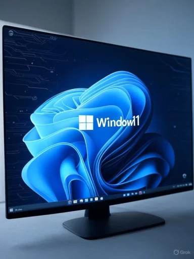 A computer monitor displays the Windows 11 desktop with a blue abstract background. A computer monitor displays the Windows 11 desktop with a blue abstract background.