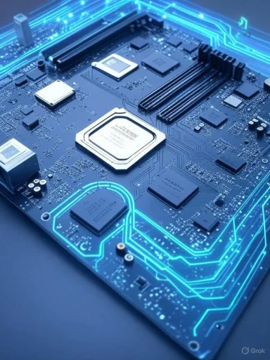 A futuristic digital depiction of a computer motherboard with glowing circuit pathways and electronic components.
