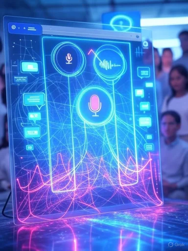 A futuristic digital interface shows voice command icons, chat bubbles, and activity graphs projected in vibrant neon lights.