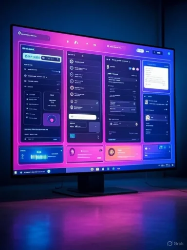 A computer monitor displays a colorful, futuristic user interface with multiple panels in pink, purple, and blue tones.