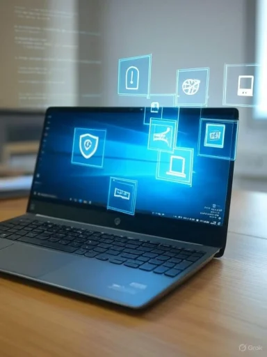 A laptop displaying digital security and technology icons with holographic interface elements.