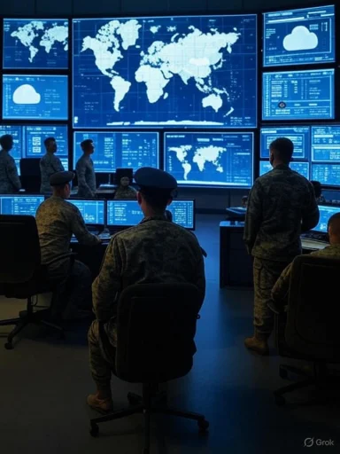 Military personnel monitor global data on large digital screens in a high-tech command center.