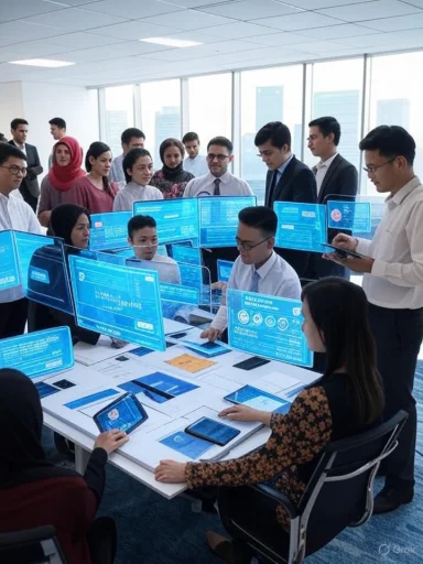 A group of professionals and students engaged in a high-tech presentation with multiple digital screens in a modern office.