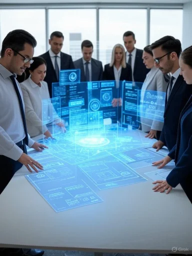 Business professionals examine futuristic digital blueprints displayed on a holographic table in a modern office. Business professionals examine futuristic digital blueprints displayed on a holographic table in a modern office.