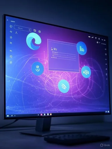 A computer monitor displays a futuristic, colorful interface with icons and graphics against a purple background.