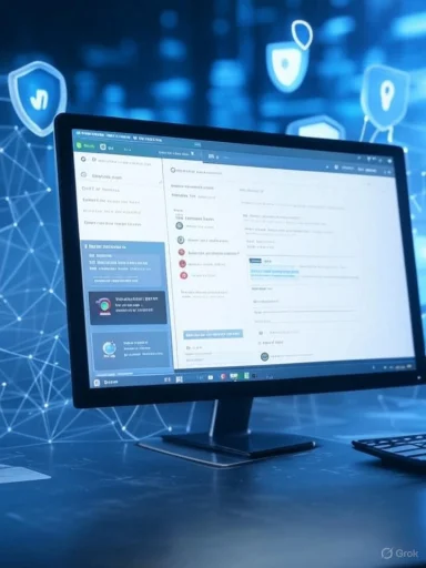 A computer monitor displays a cybersecurity or data management interface, with digital security icons in a futuristic background.