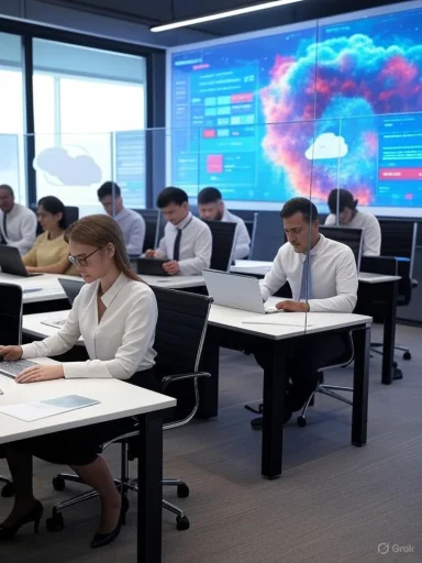 Business professionals attending a meeting or training session in a modern conference room with digital displays.