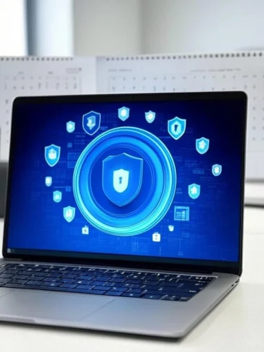 A laptop displaying a digital security shield and icons representing cybersecurity protection. A laptop displaying a digital security shield and icons representing cybersecurity protection.