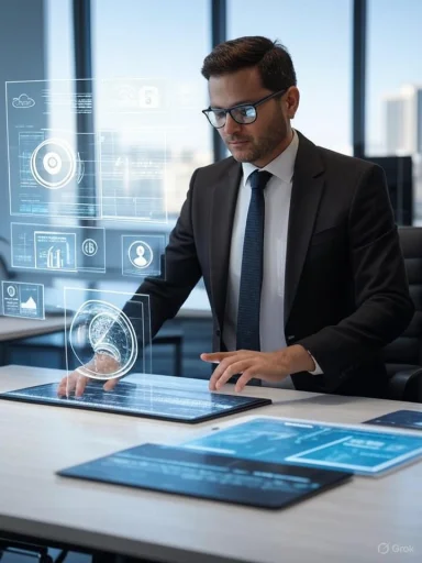 A businessman interacts with holographic digital data displays in a modern office setting.