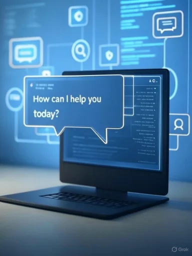 A computer monitor displays a chat message: 'How can I help you today?' in front of a virtual background of social media icons.