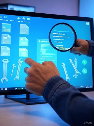Person analyzes digital repair tools on a screen using a magnifying glass.
