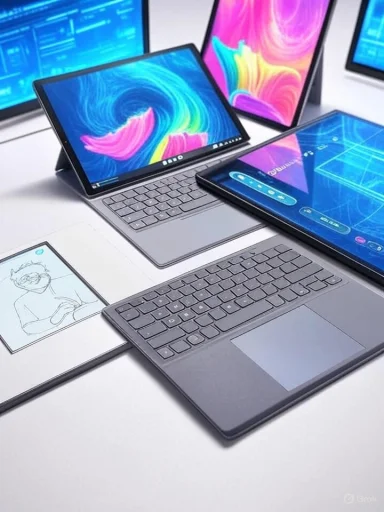 Multiple sleek, modern laptops with colorful screens are arranged on a white table.