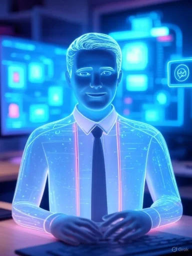 A futuristic holographic businessperson interacts in a high-tech digital environment with floating screens.