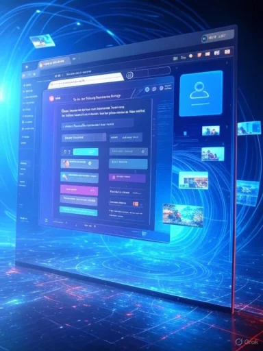 A futuristic digital interface with floating screens and data visualizations, set against a glowing, high-tech background.