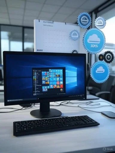 A computer monitor displaying the Windows 10 desktop with floating cloud and gear icons indicating cloud settings. A computer monitor displaying the Windows 10 desktop with floating cloud and gear icons indicating cloud settings.