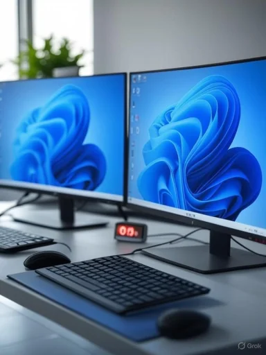 Two computer monitors displaying a blue abstract wallpaper, with a keyboard, mouse, and a digital timer on the desk.