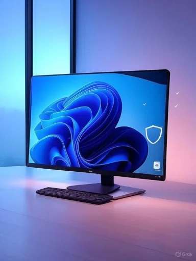 A sleek computer monitor with a keyboard on a white desk, illuminated by soft pastel lighting. A sleek computer monitor with a keyboard on a white desk, illuminated by soft pastel lighting.