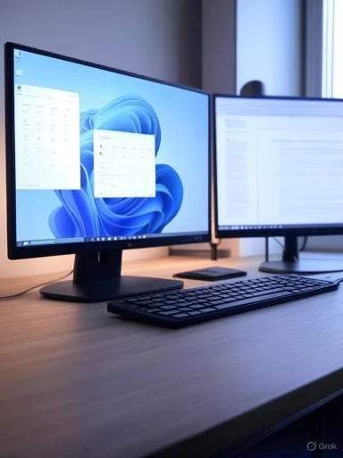 A dual-monitor setup on a wooden desk, with a keyboard and mouse, in a well-lit workspace.