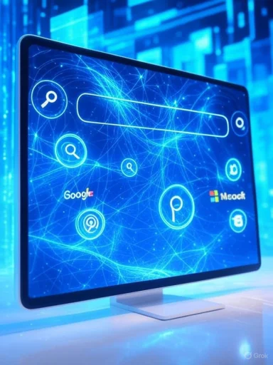 A futuristic computer screen displays interconnected search icons with a digital, networked background. A futuristic computer screen displays interconnected search icons with a digital, networked background.