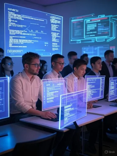 People working on computers in a high-tech, futuristic control room with holographic screens and digital displays.