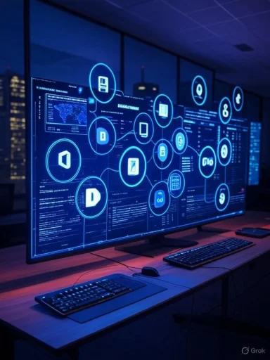 A high-tech control room displays interconnected digital icons and data on a large screen, illuminated by blue neon lighting.