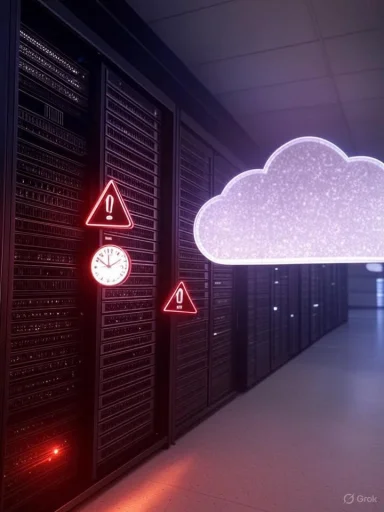 Cloud-shaped light, warning signs, and a clock inside a data center or server room.