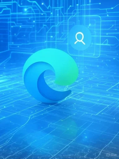 The image depicts a digital representation of a search or user profile concept with a large stylized 'e' in a futuristic, tech-themed environment.