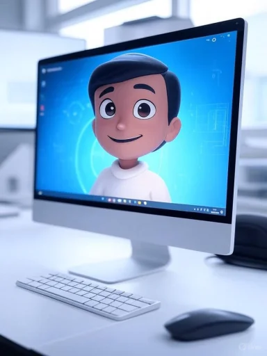 A cartoon character on a computer screen appears smiling, set in a modern office workspace.
