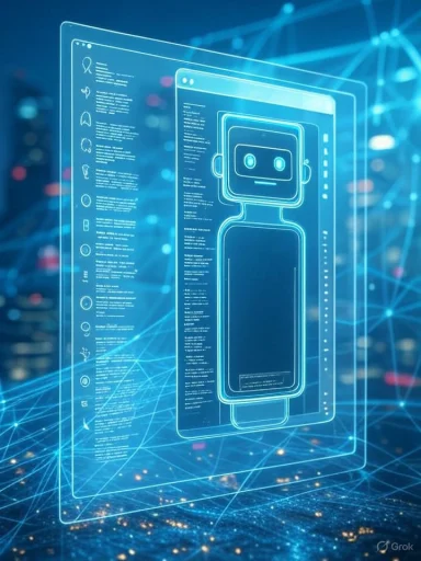A futuristic digital blueprint of a robot interface displayed against a cityscape background with data lines.