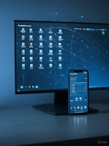 A smartphone displaying a financial app is in front of a computer monitor with a digital network-themed desktop background.