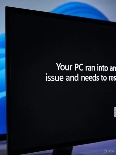 A computer screen displays a Windows error message indicating the PC encountered a problem and needs to restart.