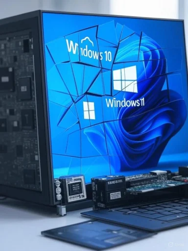 A shattered LCD screen displaying Windows 10 and Windows 11 logos, with hardware components placed nearby.