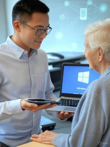 A young man assists an elderly woman with her laptop during a tech support session.