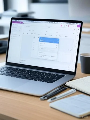 A laptop displaying a calendar or scheduling app on a wooden desk, with notebooks, pens, and a coffee mug nearby.
